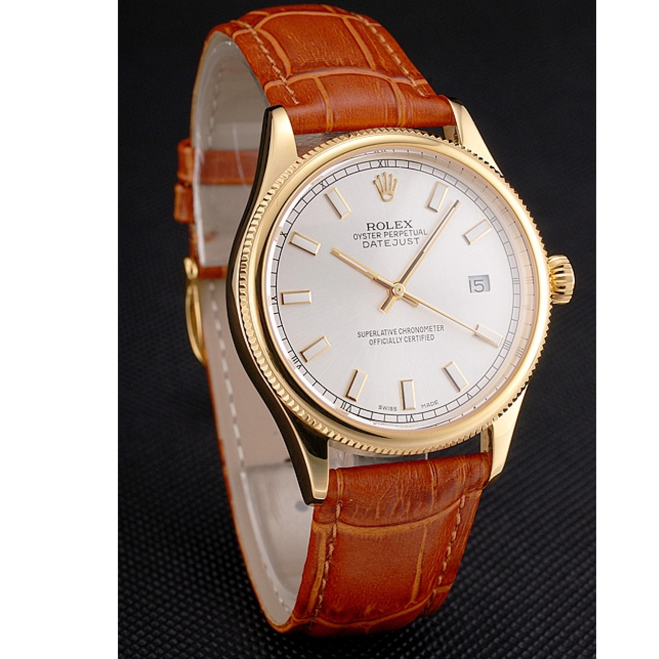 Good copy rolex watches Light Dial White Leather Strap Brown Case Gold Swiss Rolex Datejust 0501